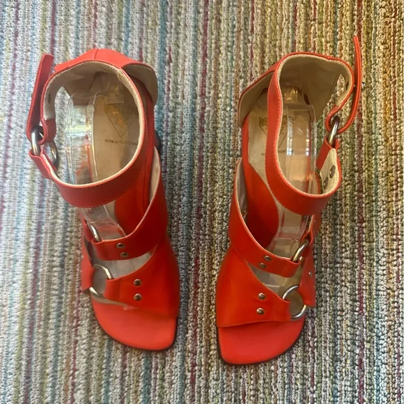 Fluevog EXCELLENT Hi Choice heart heel ankle strap sandals in persimmon/red -10