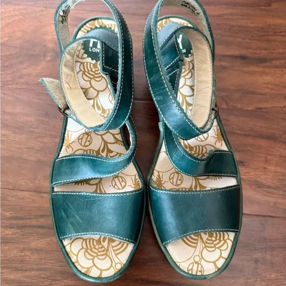 Fly London Green Wedge Sandals with Wrap around Slingback Strap-Size 9