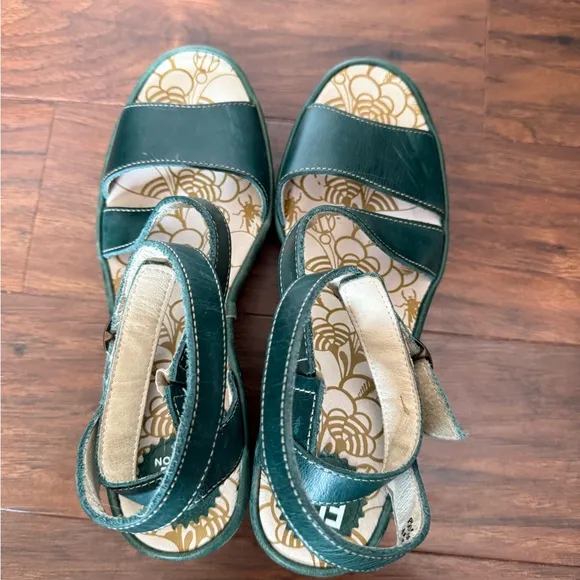 Fly London Green Wedge Sandals with Wrap around Slingback Strap-Size 9