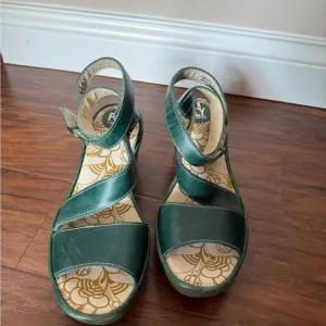 Fly London Green Wedge Sandals with Wrap around Slingback Strap-Size 9