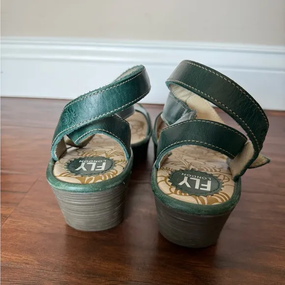 Fly London Green Wedge Sandals with Wrap around Slingback Strap-Size 9