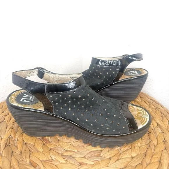 Fly London Shoes 'Yile' Perforated Slingback Wedge Black Suede Peeptoe Sandals