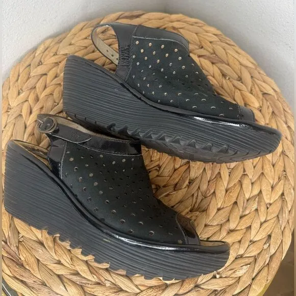 Fly London Shoes 'Yile' Perforated Slingback Wedge Black Suede Peeptoe Sandals