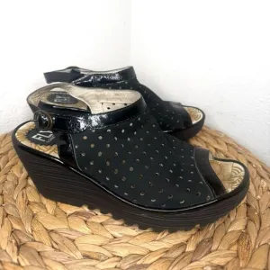 Fly London Shoes 'Yile' Perforated Slingback Wedge Black Suede Peeptoe Sandals