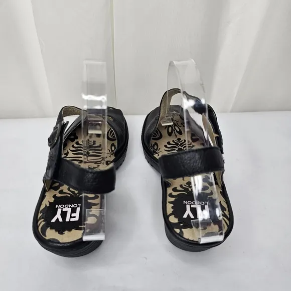 Fly London Wyno Black Leather Heel Sandals Size 38