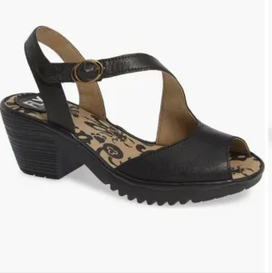 Fly London Wyno Black Leather Heel Sandals Size 38