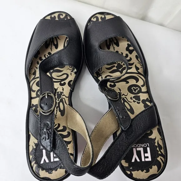 Fly London Wyno Black Leather Heel Sandals Size 38