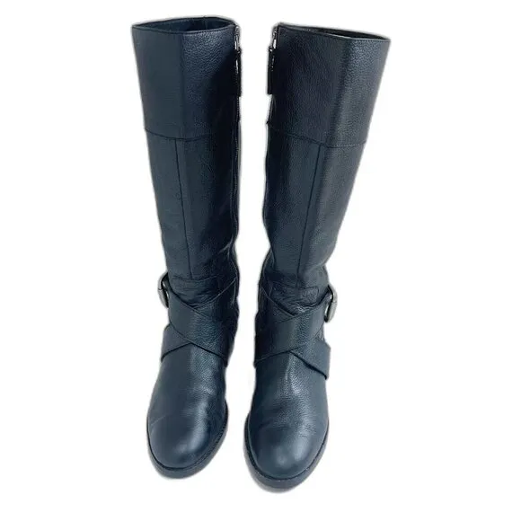 Fossil Black Pebbled Leather Riding Boots Knee High Boots Old Money Size 10