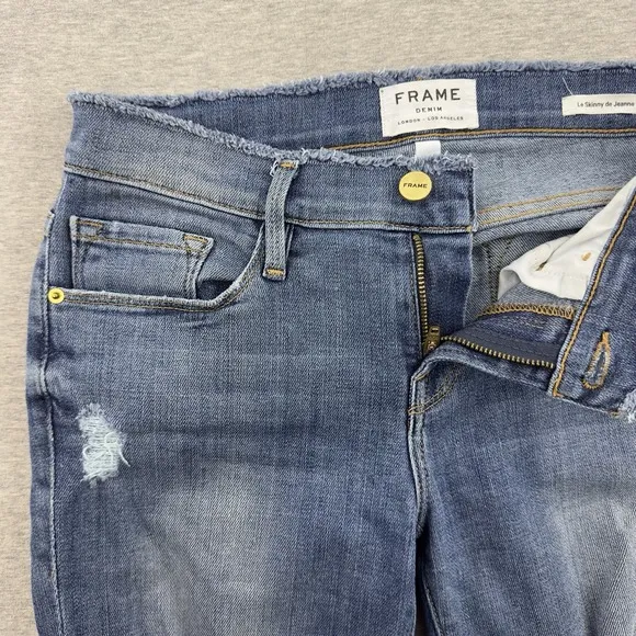Frame Lee Skinny de Jeanne Distressed Jeans Size 26 Blue Mid-rise Raw Hem