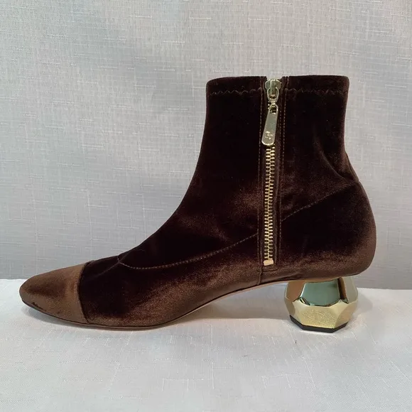 Frances Valentine Marni Gold Block Heel Boots Solid Brown Stretch Velvet SZ 9.5B