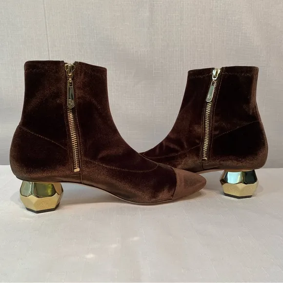 Frances Valentine Marni Gold Block Heel Boots Solid Brown Stretch Velvet SZ 9.5B