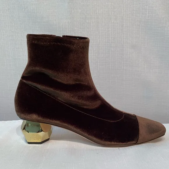 Frances Valentine Marni Gold Block Heel Boots Solid Brown Stretch Velvet SZ 9.5B