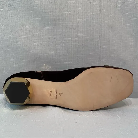 Frances Valentine Marni Gold Block Heel Boots Solid Brown Stretch Velvet SZ 9.5B