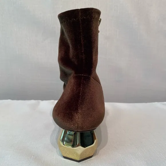 Frances Valentine Marni Gold Block Heel Boots Solid Brown Stretch Velvet SZ 9.5B