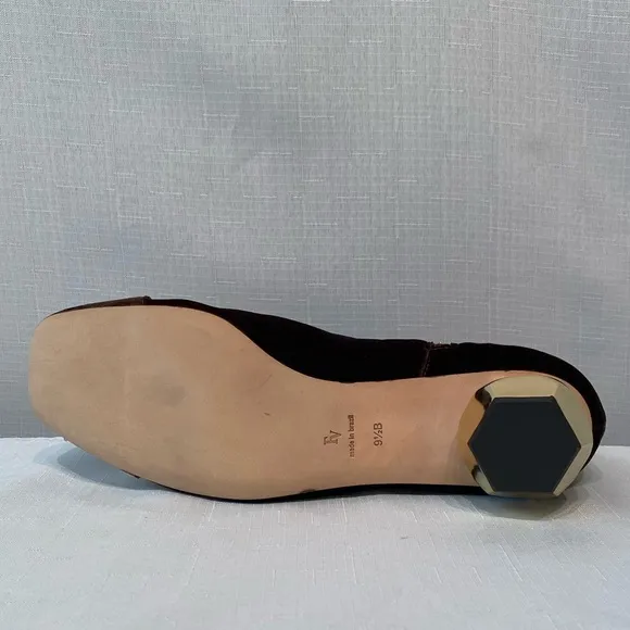 Frances Valentine Marni Gold Block Heel Boots Solid Brown Stretch Velvet SZ 9.5B
