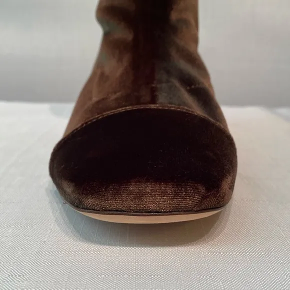 Frances Valentine Marni Gold Block Heel Boots Solid Brown Stretch Velvet SZ 9.5B