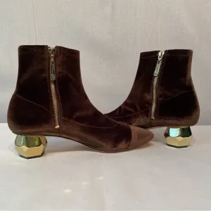 Frances Valentine Marni Gold Block Heel Boots Solid Brown Stretch Velvet SZ 9.5B