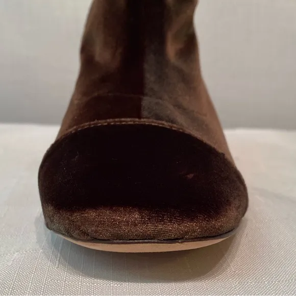 Frances Valentine Marni Gold Block Heel Boots Solid Brown Stretch Velvet SZ 9.5B