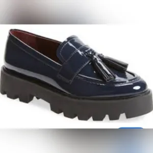 Franco Sarto Balinna Navy Platform Tassel Patent Loafers 6.5M NEW