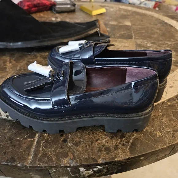 Franco Sarto Balinna Navy Platform Tassel Patent Loafers 6.5M NEW