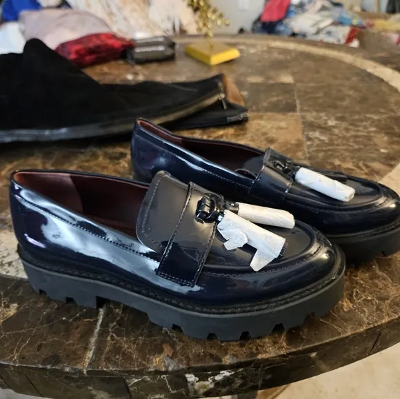 Franco Sarto Balinna Navy Platform Tassel Patent Loafers 6.5M NEW