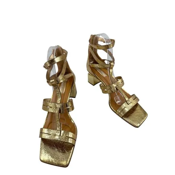FRANCO SARTO Korie Dress Sandals Gold Metallic Strappy Block Heel Sz 8.5