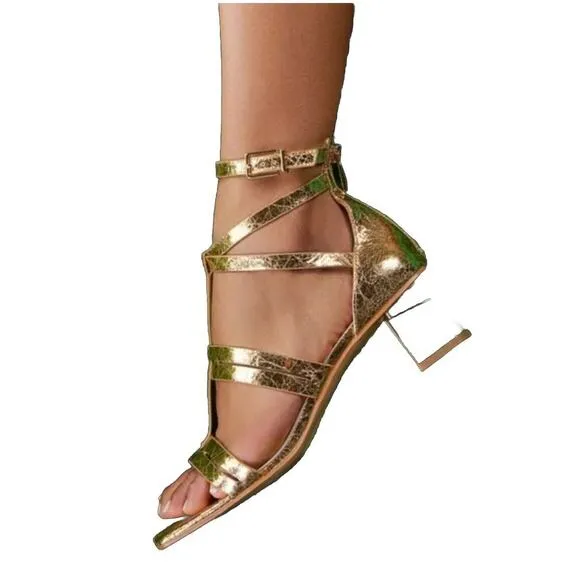 FRANCO SARTO Korie Dress Sandals Gold Metallic Strappy Block Heel Sz 8.5