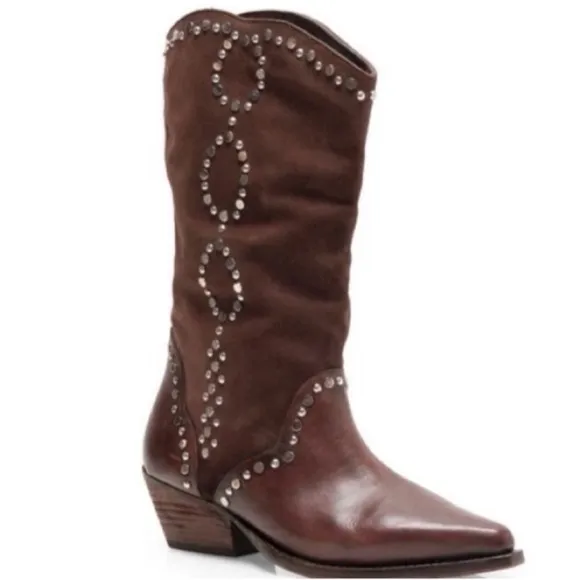 Free People BROWN Jaxon studded Western boots size 38 1/2