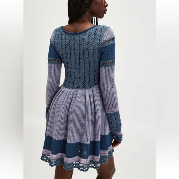 Free People Claudia Patchwork Baby Doll Mini Long Sleeve Soft Knit Sweater Dress