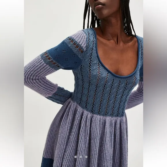 Free People Claudia Patchwork Baby Doll Mini Long Sleeve Soft Knit Sweater Dress