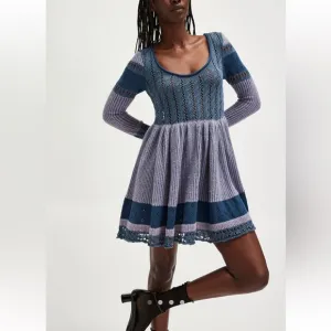 Free People Claudia Patchwork Baby Doll Mini Long Sleeve Soft Knit Sweater Dress