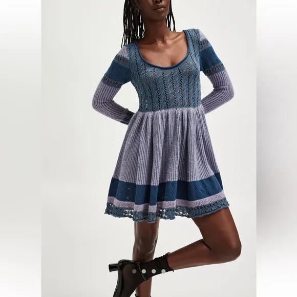 Free People Claudia Patchwork Baby Doll Mini Long Sleeve Soft Knit Sweater Dress