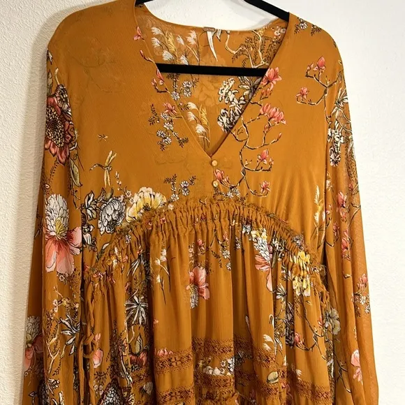 Free People Flowy Boho Chic Floral Print Adjustable Waist Hi-Low Babydoll Dress