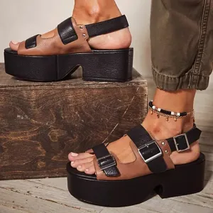 Free People Follow your Own Path Platform Leather Sandals in Black/Tan