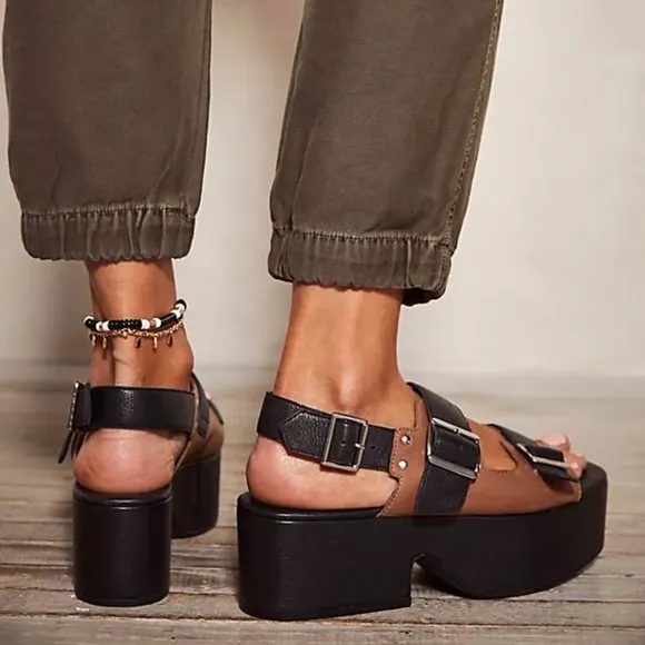 Free People Follow your Own Path Platform Leather Sandals in Black/Tan