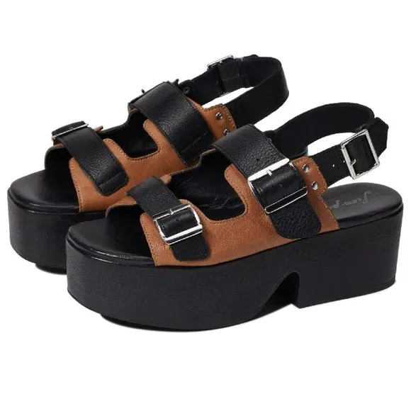 Free People Follow your Own Path Platform Leather Sandals in Black/Tan