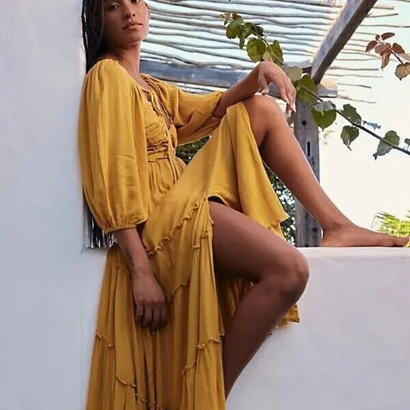 Free People In Your Dreams Boho Ballon Sleeve Square neckline Flowy Maxi Dress