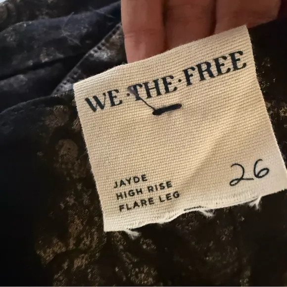 Free People Jayde Printed Flare Jeans High Waist Metallic Black Boho US 26 NWT