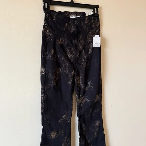 Free People Jayde Printed Flare Jeans High Waist Metallic Black Boho US 26 NWT
