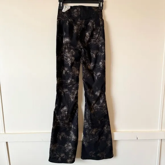 Free People Jayde Printed Flare Jeans High Waist Metallic Black Boho US 26 NWT
