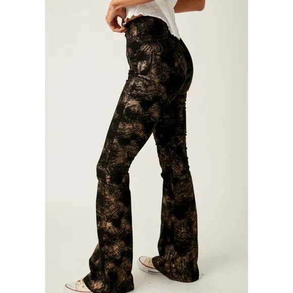 Free People Jayde Printed Flare Jeans High Waist Metallic Black Boho US 26 NWT