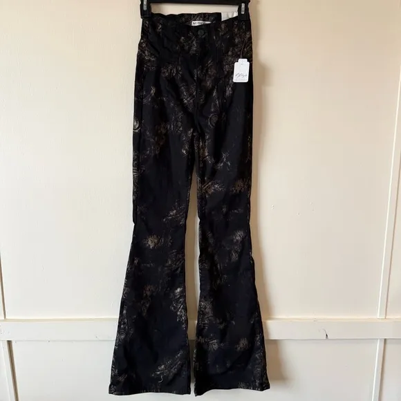 Free People Jayde Printed Flare Jeans High Waist Metallic Black Boho US 26 NWT