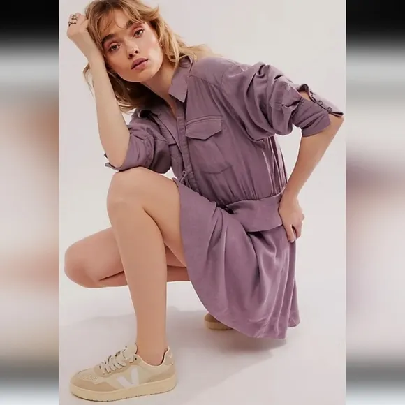 Free People Maxwell Linen Blend Mini Dress in Quail Size Medium NWOT $148