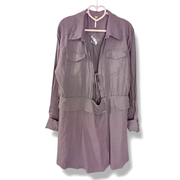Free People Maxwell Linen Blend Mini Dress in Quail Size Medium NWOT $148