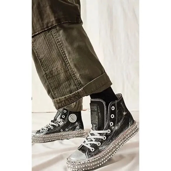 Free People Nan Ku Cruise Studded High Top Sneaker •37/ 6.5• Black Silver Jewel