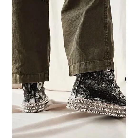 Free People Nan Ku Cruise Studded High Top Sneaker •37/ 6.5• Black Silver Jewel