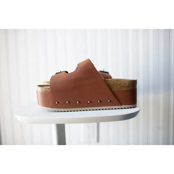 Free People Rule Breaker Platform Sandals in Chestnut Leather 39 NEW