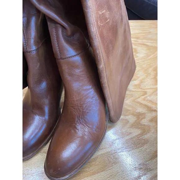 Free People Vero Cuoio Riding Boots Womens 8.5 Brown Leather Block Knee High S27