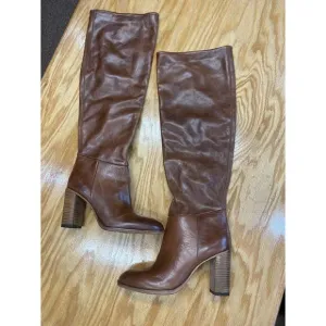 Free People Vero Cuoio Riding Boots Womens 8.5 Brown Leather Block Knee High S27