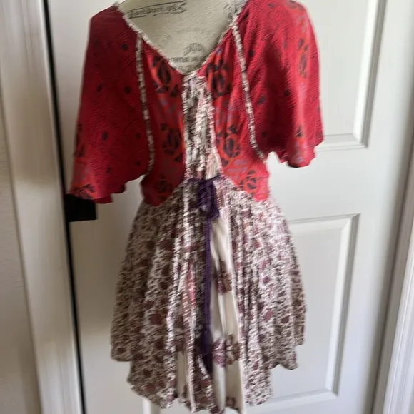 Free People Wild World boho deep V gauze flowy red cream pattern mini dress XS